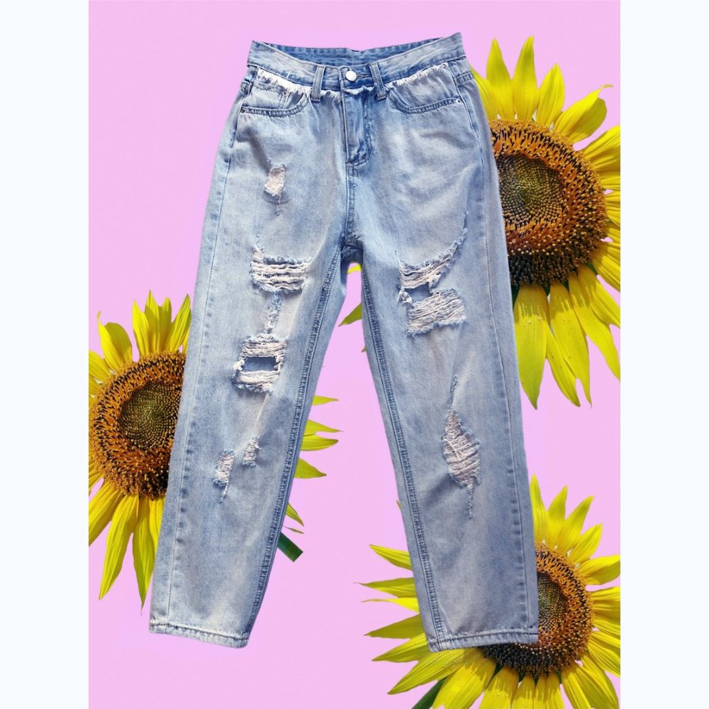 Light Blue straight Ripped Jeans
